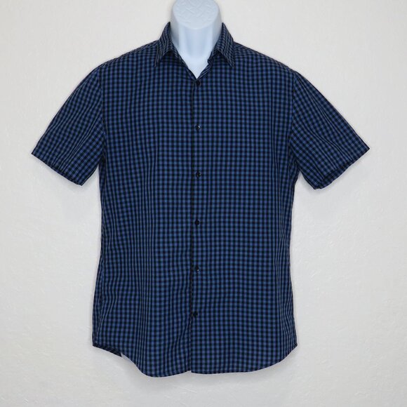 H&M* Men's Short‎ Sleeve Button Down Curved Hem Checkered Shirt~ Size Medium - Picture 1 of 11